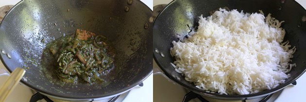Collage of 2 images showing cooked paste and adding cooked rice.