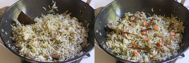 Collage of 2 images showing rice is mixed and garnished with cashews and fried onion.