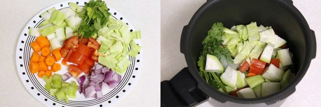 Collage of 2 images showing vegetables in a plate and added to the pressure cooker.