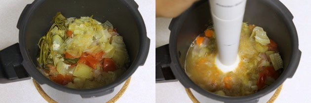 Collage of 2 images showing cooked veggies and blending. 