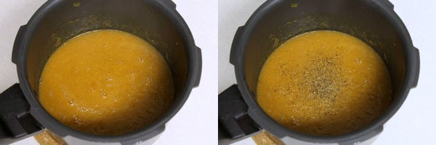 Collage of 2 images showing blended soup, adding salt and pepper.