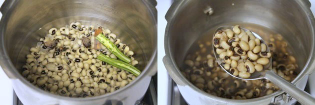 Collage of 2 images showing lobia in pressure cooker with whole spices and green chili and cooked lobia.