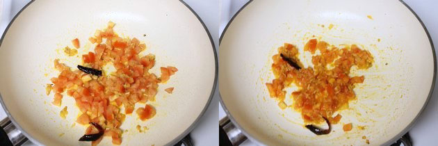 Collage of 2 images showing adding and cooking tomatoes.