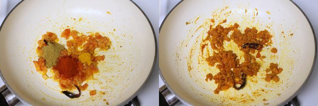 Collage of 2 images showing adding and cooking spice powders.