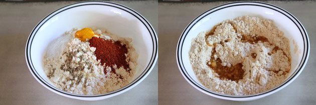 Collage of 2 images showing besan and spices in a bowl and adding oil.