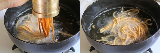 Collage of 2 images showing dropping gathiya into the hot oil and frying.