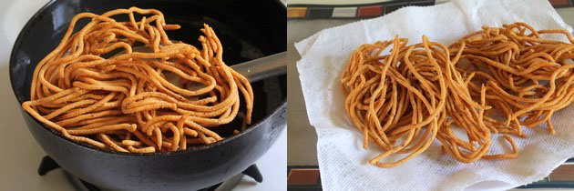 Collage of 2 images showing removing fried tikha gathiya and placing on the plate.