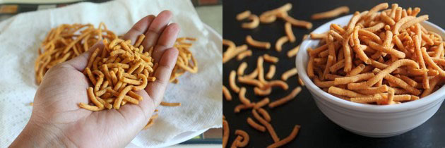 Collage of 2 images showing breaking gathiya in your palm and serving in a bowl.