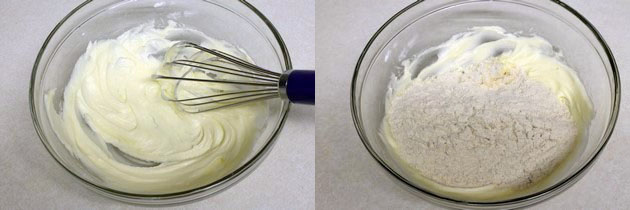 beating the ghee and sugar / adding wheat flour
