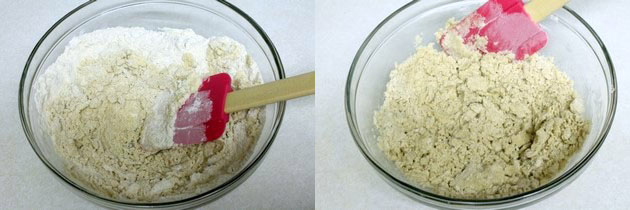 mixing wheat flour with ghee-sugar mixture
