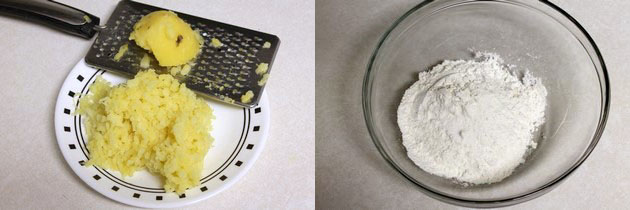 Collage of 2 images showing grating potato and flour in a bowl.