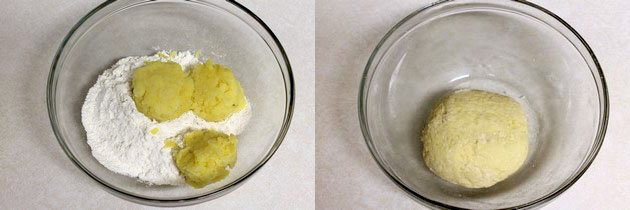 Collage of 2 images showing adding potato in the flour and dough is ready.