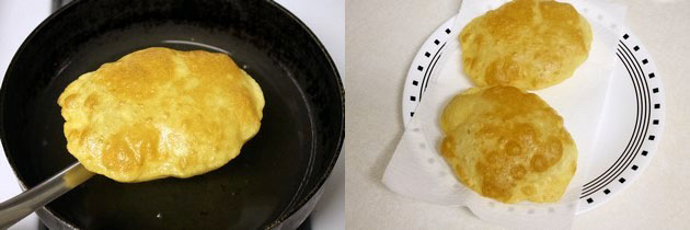 Collage of 2 images showing removing fried bhatura and placing on a plate.