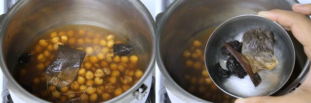 Collage of 2 images showing cooked chickpeas and spices, tea bag removed.