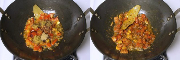 Collage of 2 images showing adding and mixing spice powders.