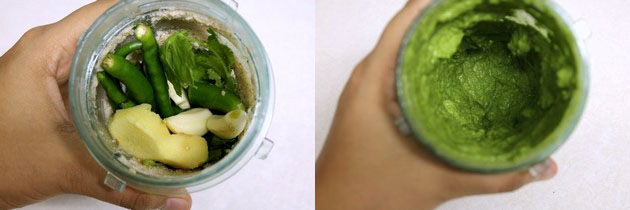 Collage of 2 images showing adding cilantro, green chili, ginger, garlic and water and gourd into paste.