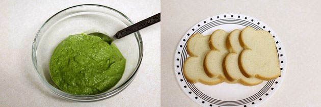 Collage of 2 images showing chutney removed in a bowl and bread slices on a plate.