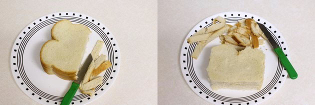 Collage of 2 images showing edges are removed from bread slices.