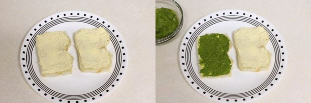 Collage of 2 images showing applying butter and green chutney.