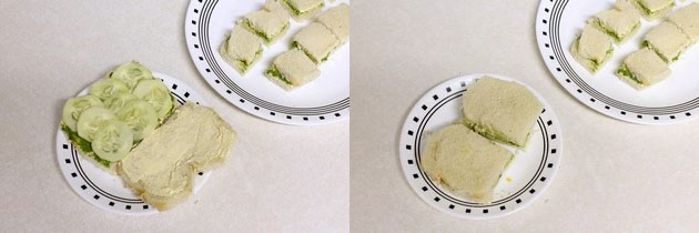 Collage of 2 images showing another sandwich with cucumber slices.