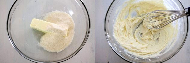 Collage of 2 images showing butter and sugar in a bowl and whisked.