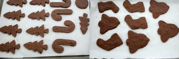 Collage of 2 images showing baked cookies on a cookie sheet.