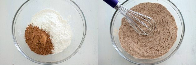 Collage of 2 images showing flour, cocoa powder in a bowl and mixed.