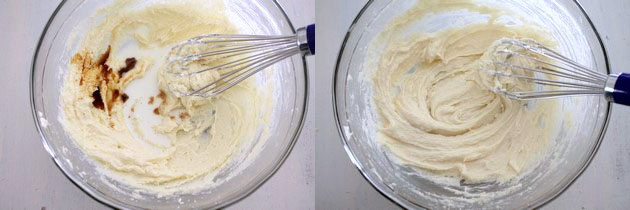Collage of 2 images showing adding milk and vanilla and whisked.