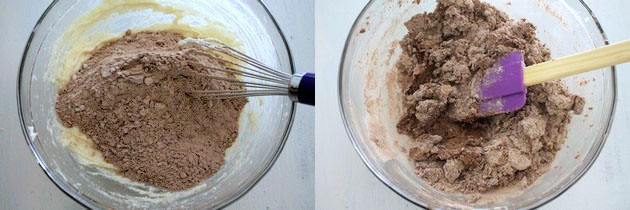 Collage of 2 images showing adding dry mixture and mixing.