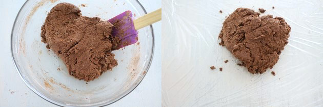 Collage of 2 images showing cookie dough is ready and transferred on a plastic wrap.