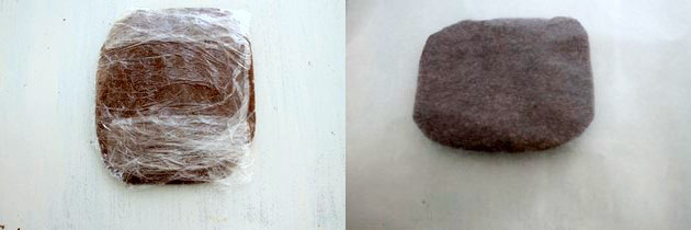 Collage of 2 images showing wrapped with plastic and chilled dough.