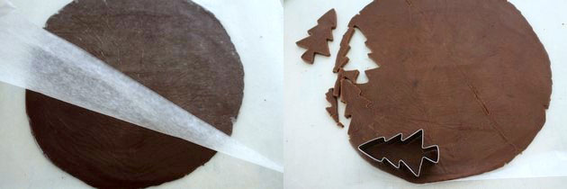 Collage of 2 images showing rolled cookie dough and cut out into shapes.