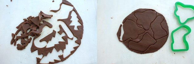 Collage of 2 images showing rolled and cut out more cookies.