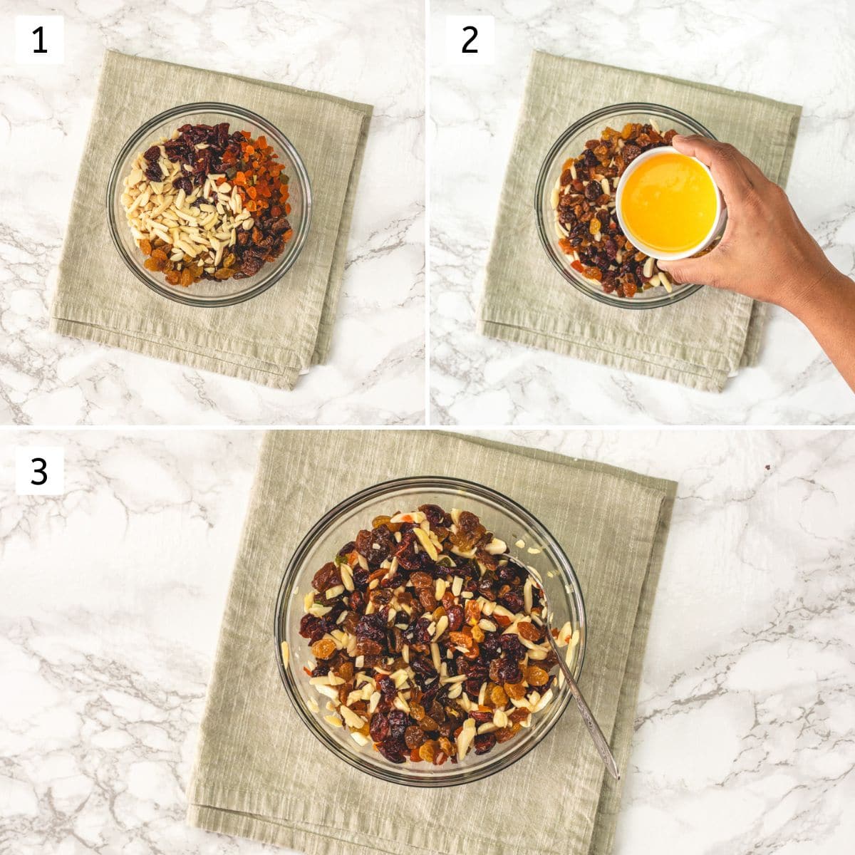 Collage of 3 images showing nuts and dried fruits in a bowl, mixing with orange juice.