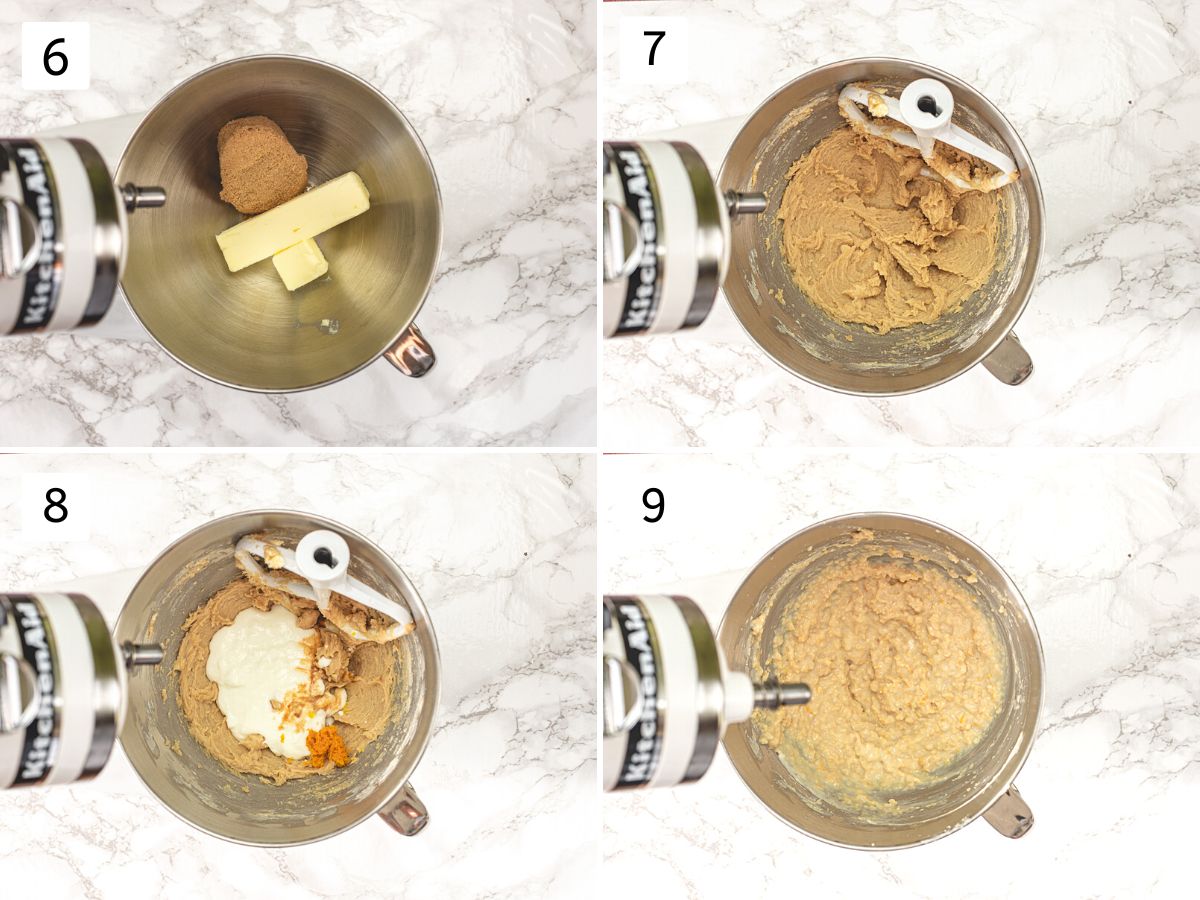 Collage of 4 images showing creaming butter and sugar, adding rest wet ingredients and beating.