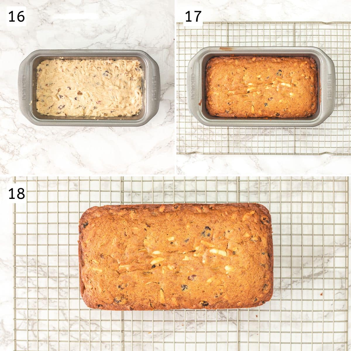 Collage of 3 images showing cake batter in loaf pan, baked cake and removed to a cooling rack.