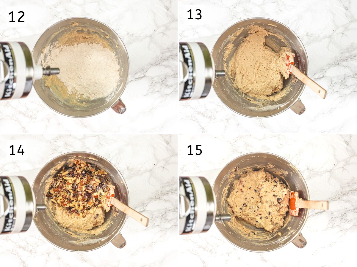 Collage of 4 images showing adding dry ingredients to wet, mixing, folding in dried fruits and nuts mixture.