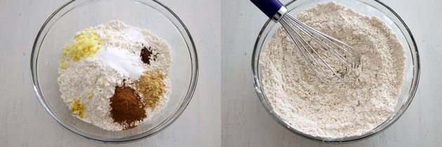 Collage of 2 images showing dry flour and spices in a bowl and mixed.