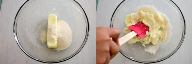 Collage of 2 images showing butter and sugar in a bowl and mashed with spatula.