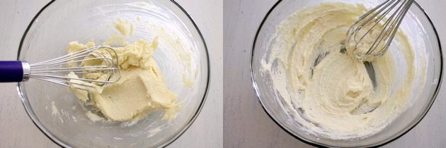 Collage of 2 images showing whisking butter sugar.