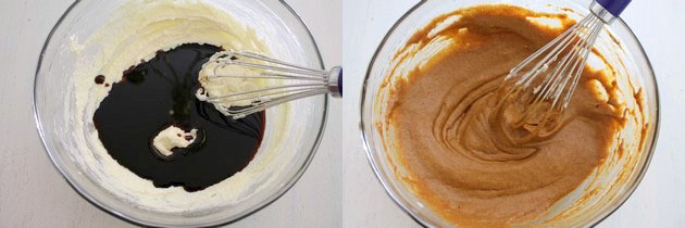 Collage of 2 images showing adding molasses and whisked.