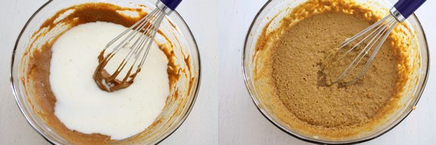 Collage of 2 images showing adding milk and mixed.