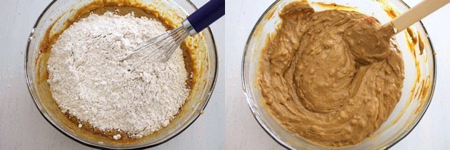 Collage of 2 images showing adding dry flour and mixed.