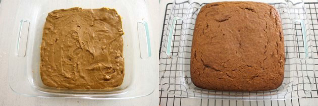 Collage of 2 images showing batter in the square pan and baked cake.