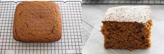 Collage of 2 images showing cake on a cooling rack and a slice dusted with powdered sugar.