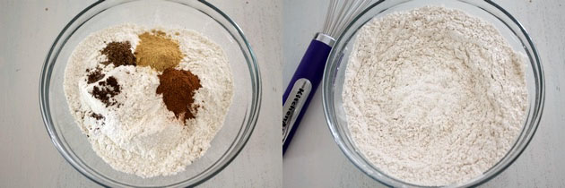 Collage of 2 images showing dry flour and spices in a bowl and mixed.