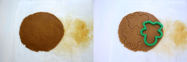 Collage of 2 images showing dough is rolled and cutout again.