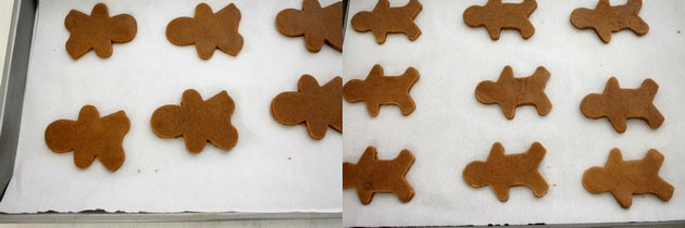 Collage of 2 images showing arranging cutout cookies on a tray.