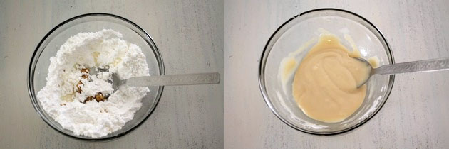 Collage of 2 images showing adding vanilla and milk to make icing.