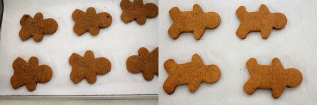 Collage of 2 images showing baked eggless gingerbread men cookies on a cookie sheet.